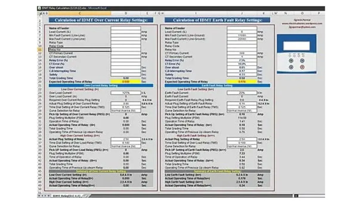 Relay Setting of IDMT and Instantaneous over current and earth fault Relay